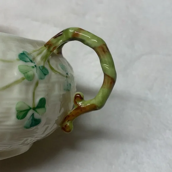 Vintage Belleek Ireland porcelain cream green shamrock vase cream & sugar set.